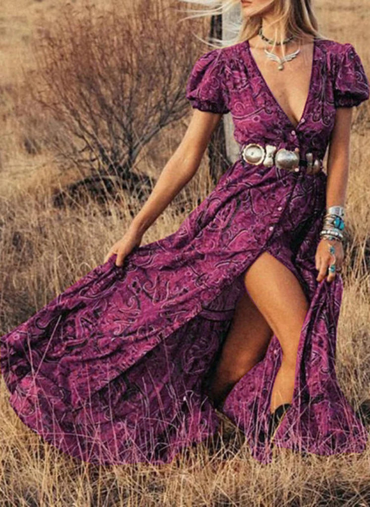 Ladies Maxidress with elegant puff sleeves and refined slit Ivyshape