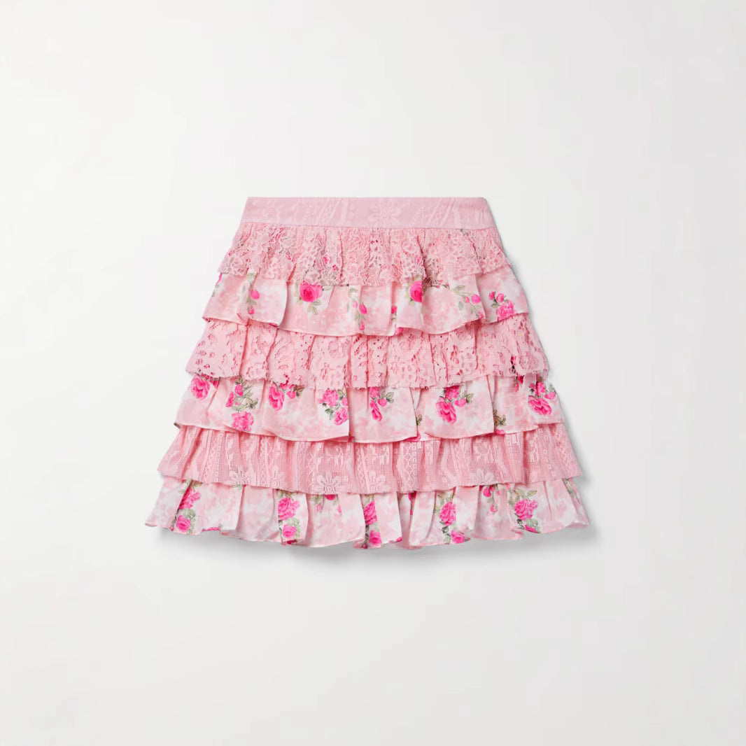 Ladies Ruffled Lace Flower Mini Skirt Ivyshape