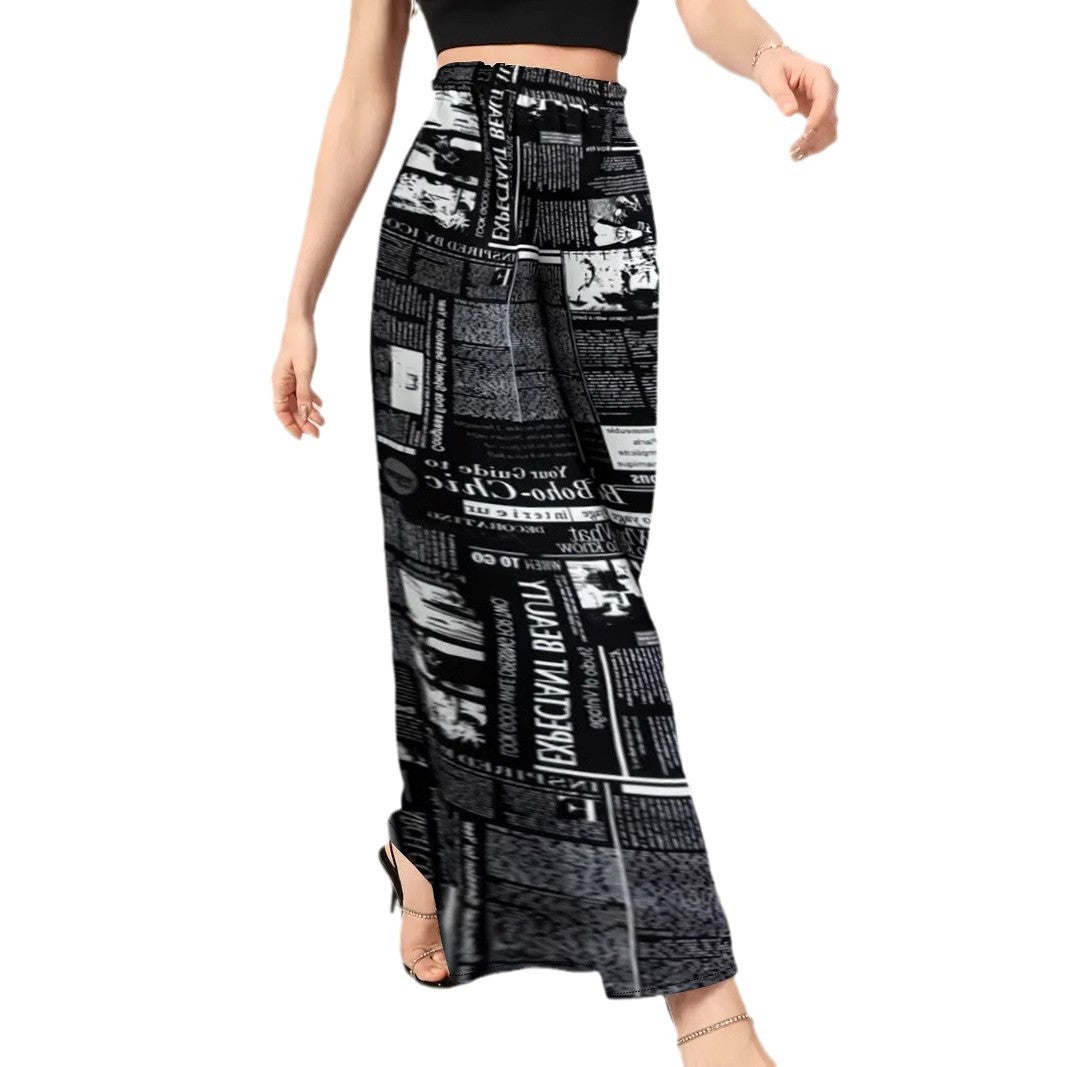 Ladies Wide-Leg Newspaper Print Pants Ivyshape