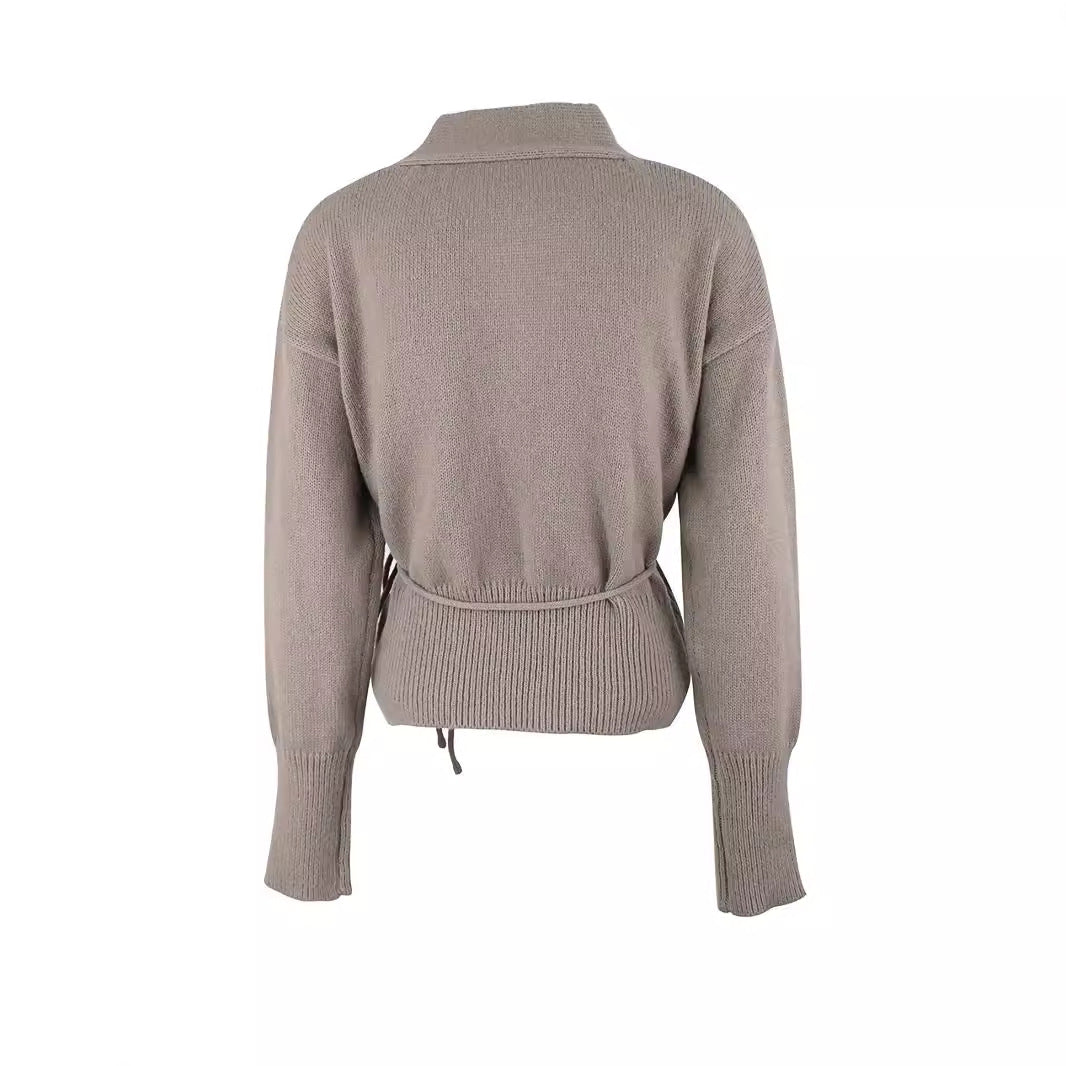 Ladies fashionable knit cardigan with tie belt and deep V-neck Ivyshape