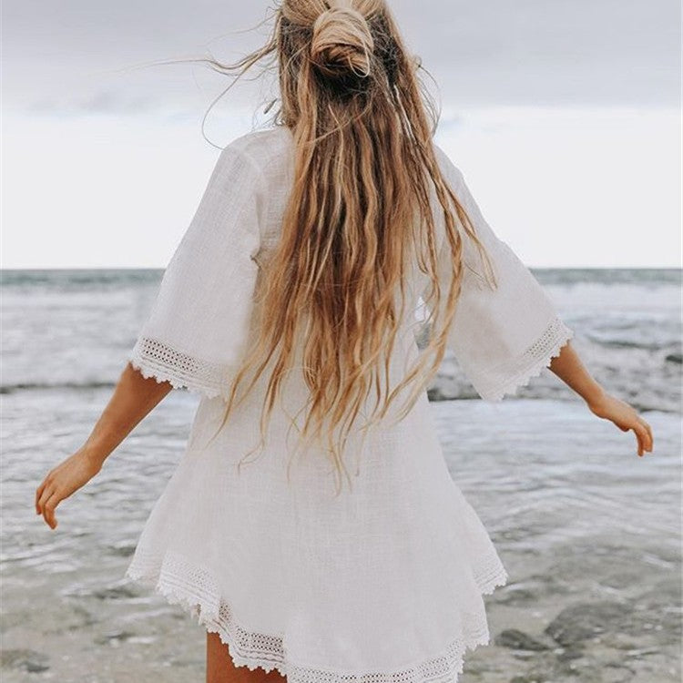 Women's elegant beach robe with lace embellishments Ivyshape