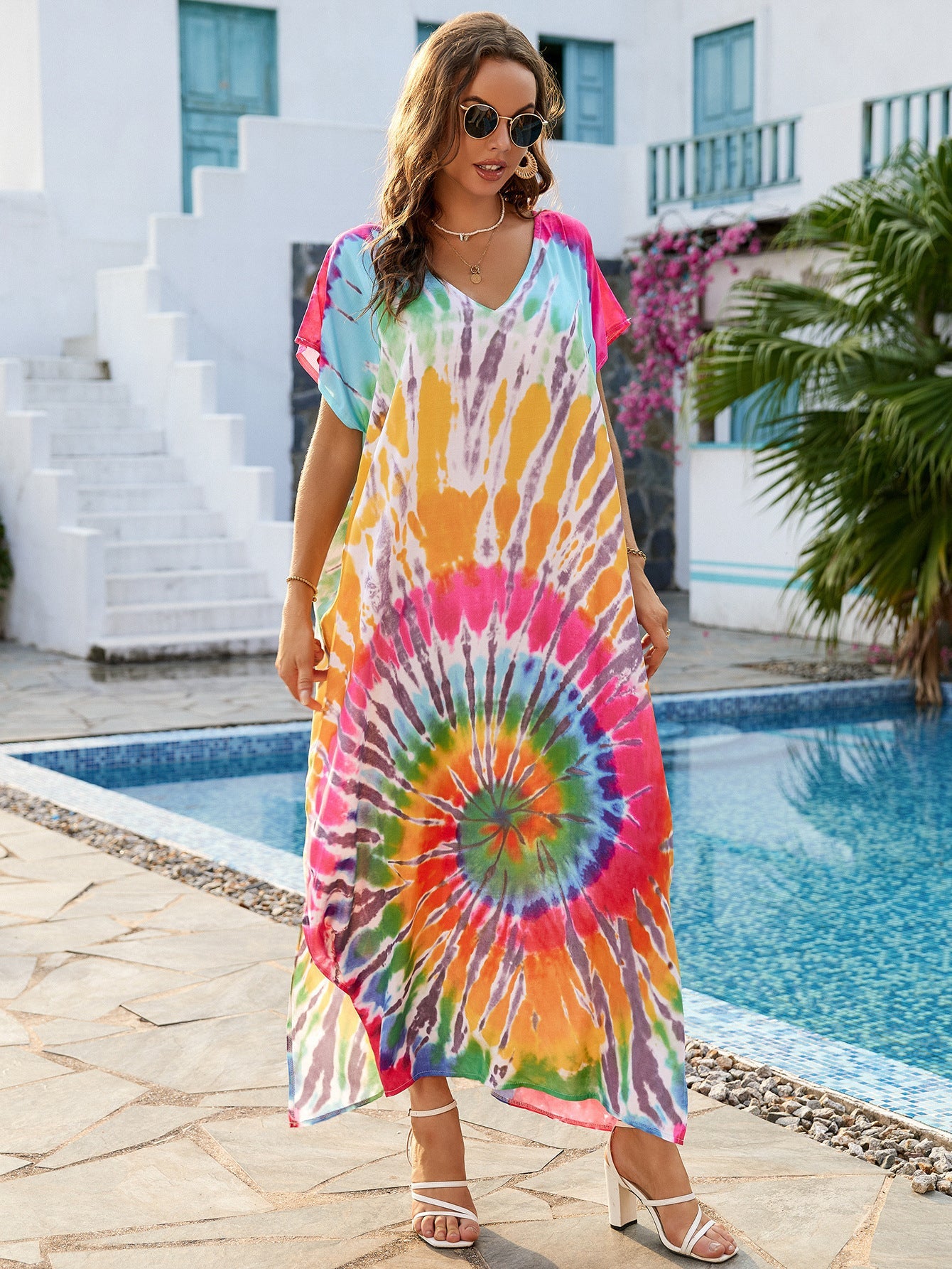 Women's maxi dress with colorful tie-dye pattern and side slit Ivyshape