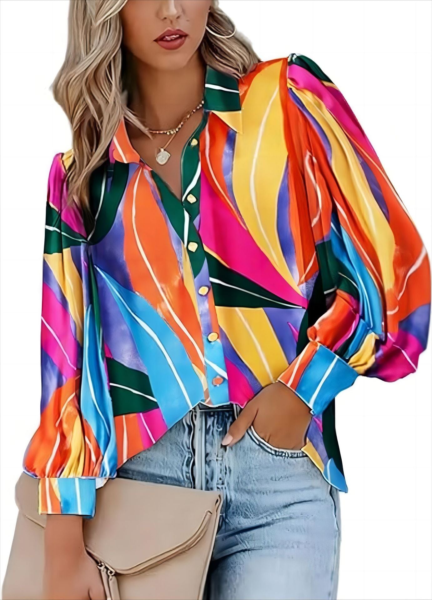 Ladies' Fashion Blouse with Colorful Stripe Pattern and Elegant Puff Sleeves Ivyshape