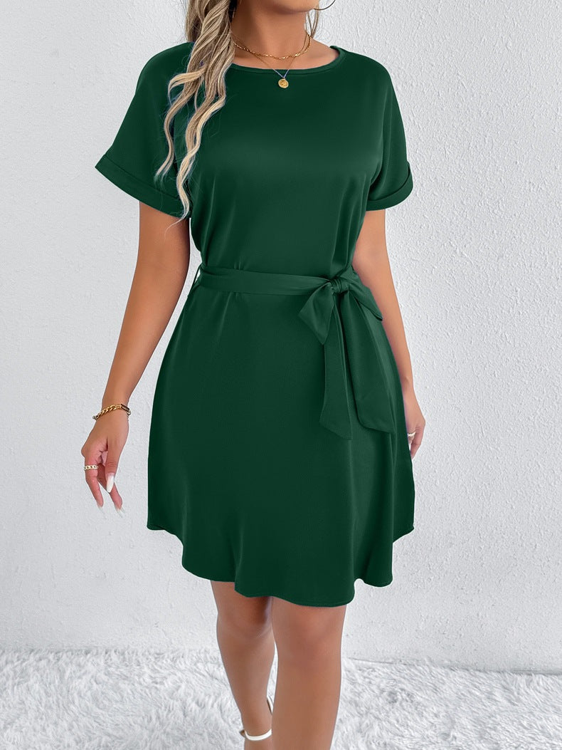 Women’s casual summer dress with fixed waist belt and short sleeve design Ivyshape