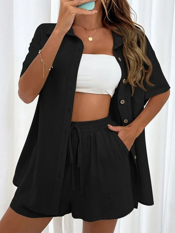 Women’s Casual Two-Piece Set with Shirt and Shorts Ivyshape