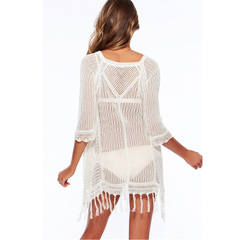 Ladies Crochet Beach Dress with Fringes and Air Points Ivyshape