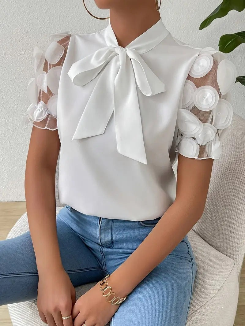 Women's blouse with transparent puff sleeves and chic bow Ivyshape