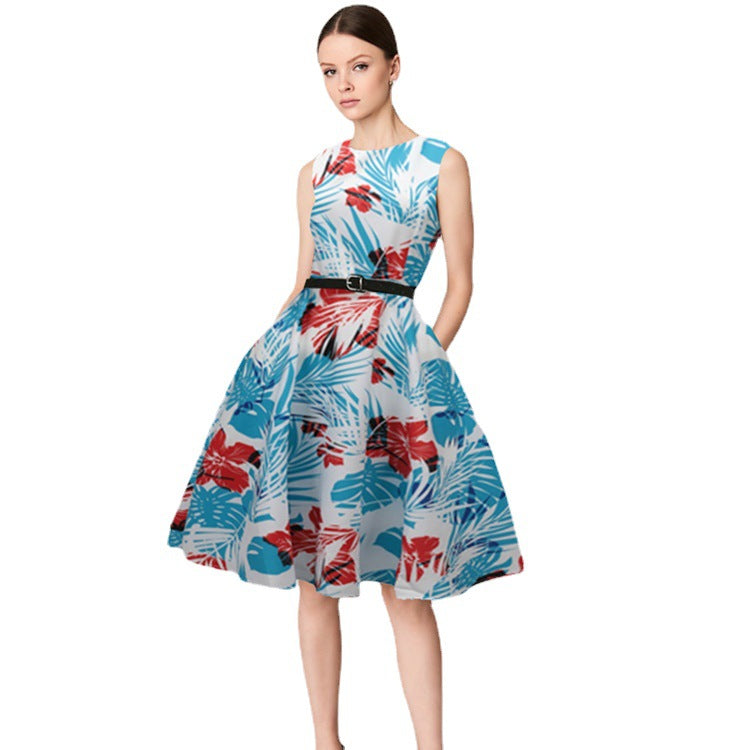 Women's retro-inspired cocktail dress with floral print and waist belt Ivyshape