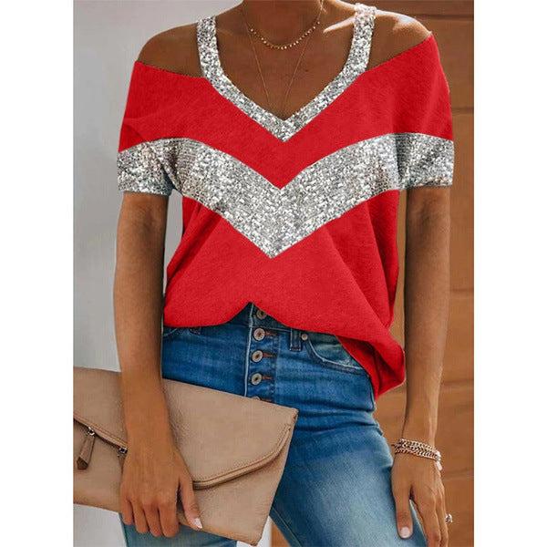 Women V-Neck Sequin Accent Casual Top Ivyshape