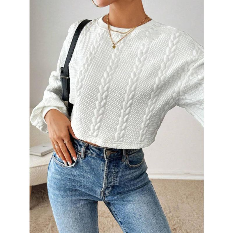 Women's Cropped Sweater with Textured Design and Wide Sleeve Ivyshape