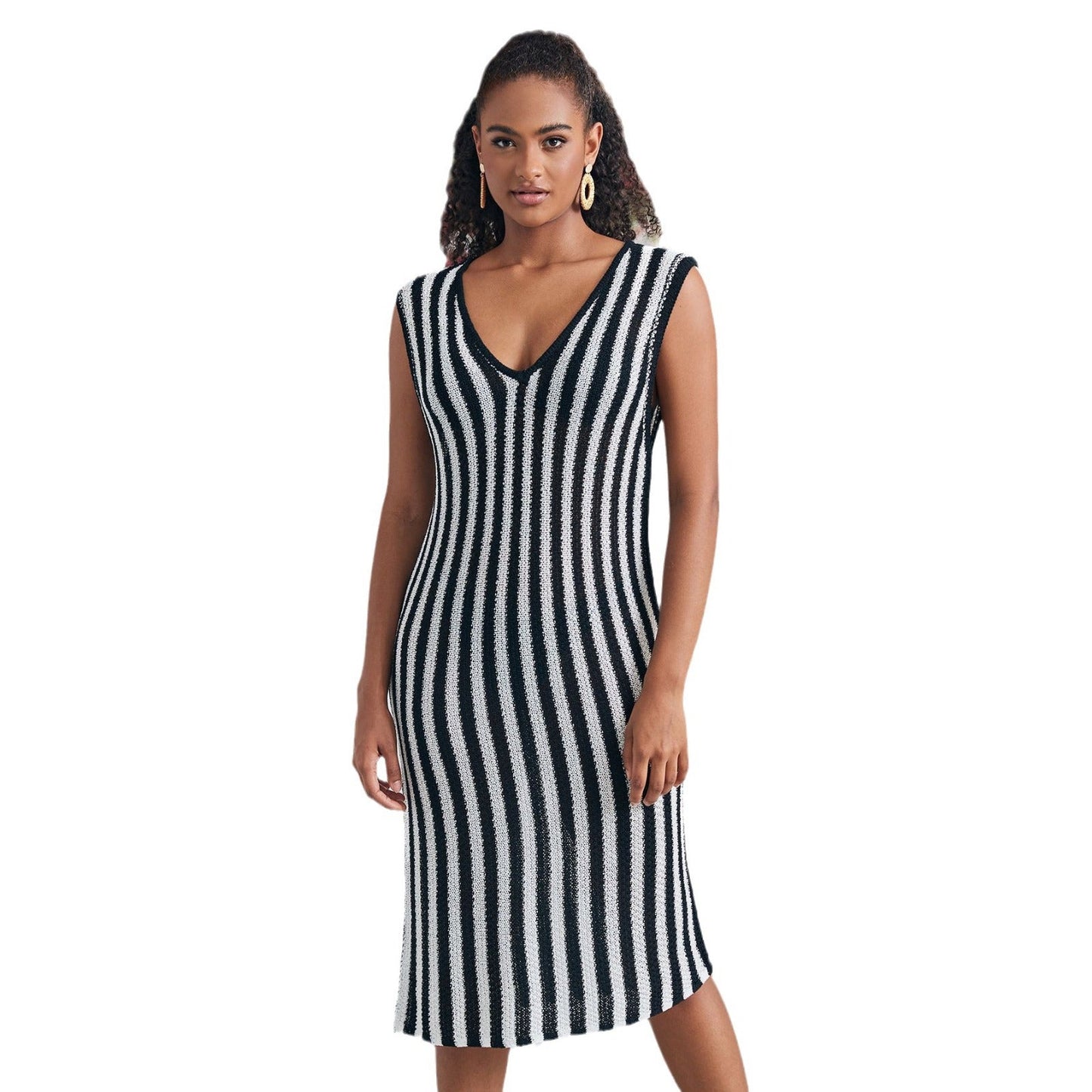 Women's knit dress with deep V-neck and sophisticated stripe pattern Ivyshape