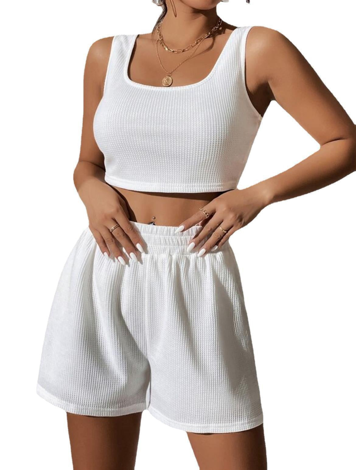 Women's casual crop top and shorts set with ribbed texture Ivyshape