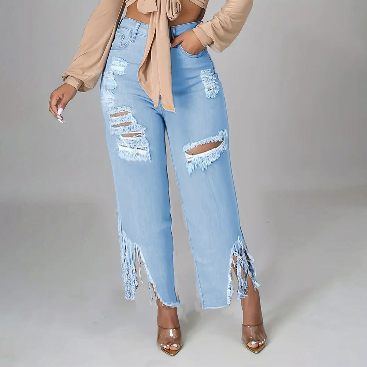 Women's Ripped Wide Denim Pants Ivyshape