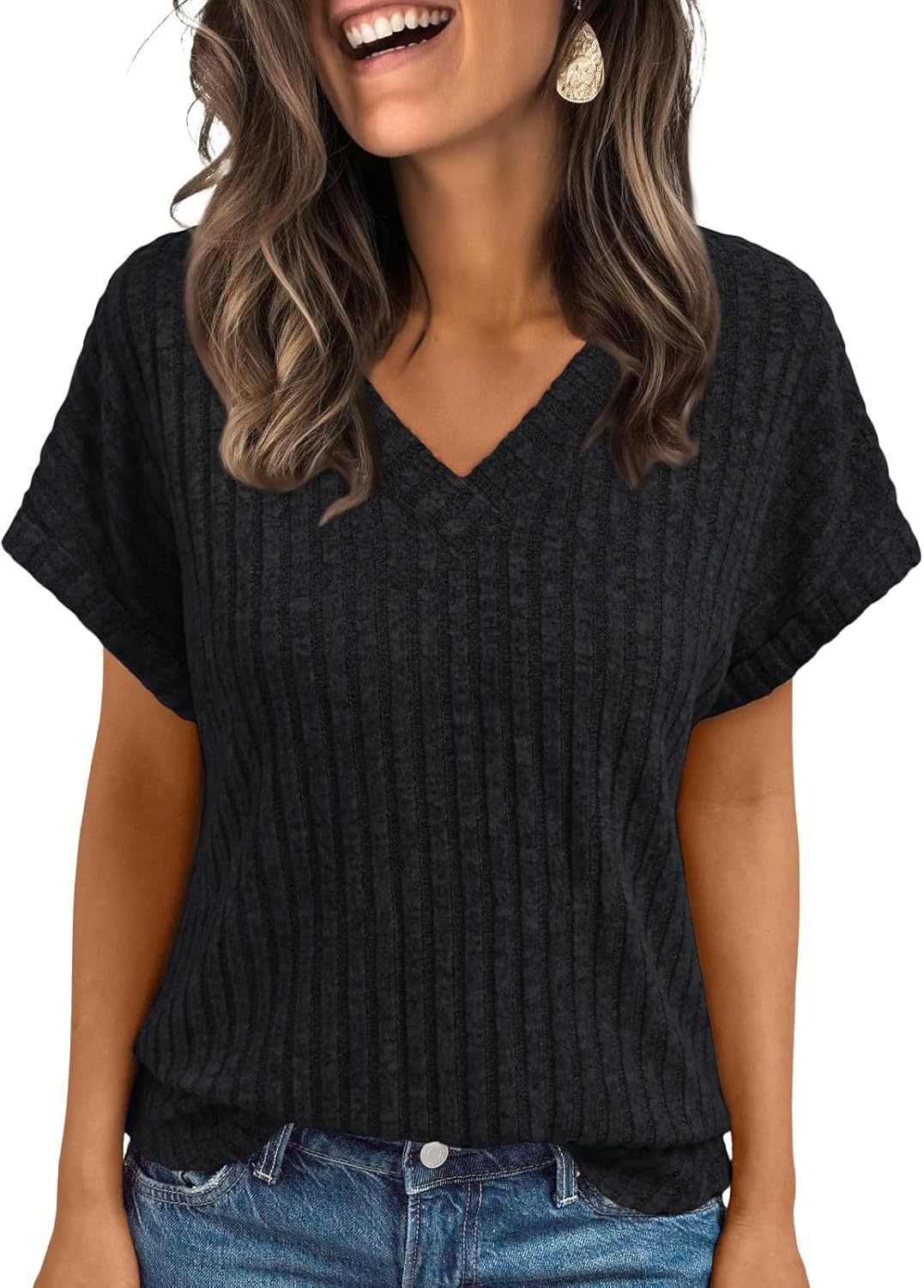 Women V-Neck Ribbed Top Ivyshape