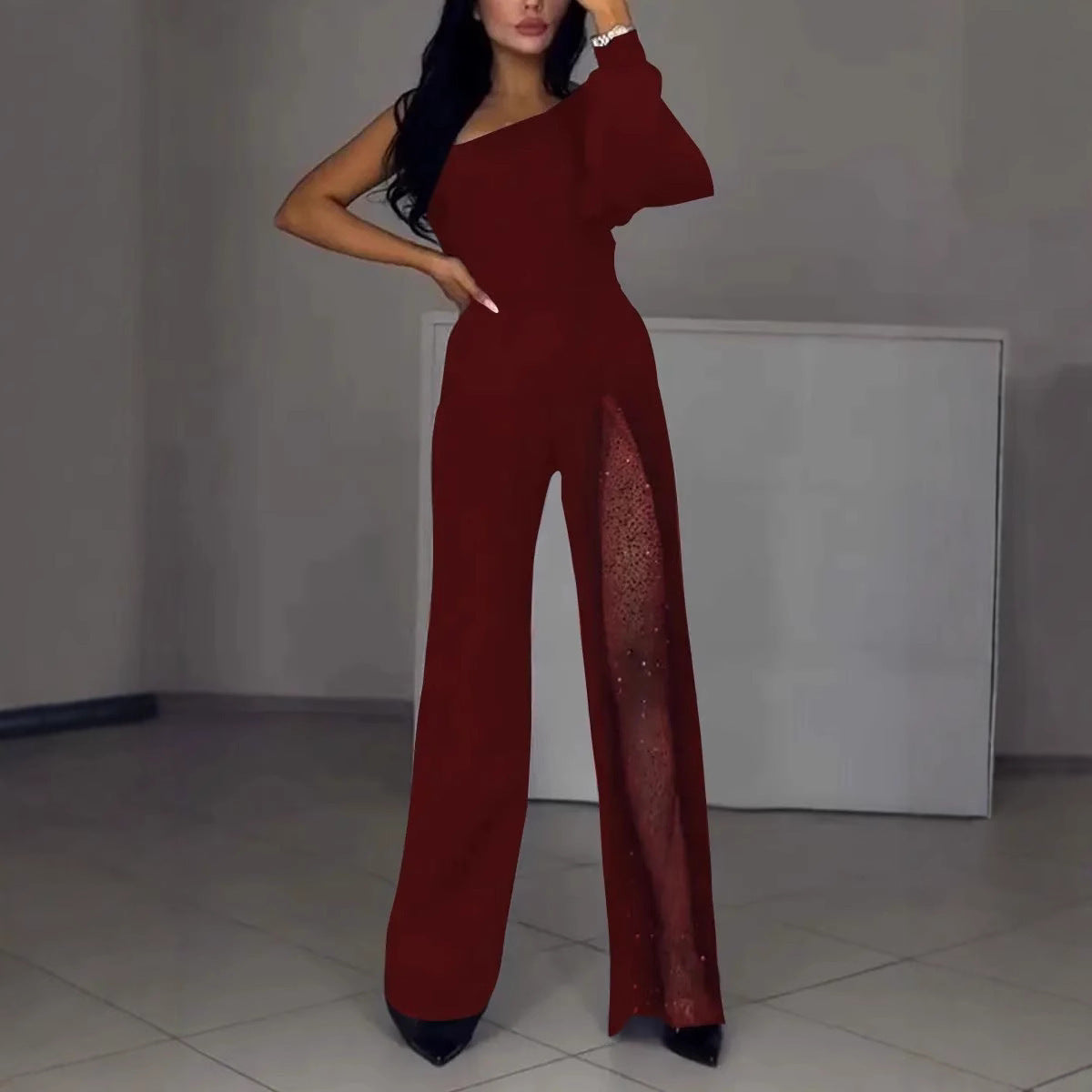 Asymmetrical one-sided women's jumpsuit with sequin panel Ivyshape