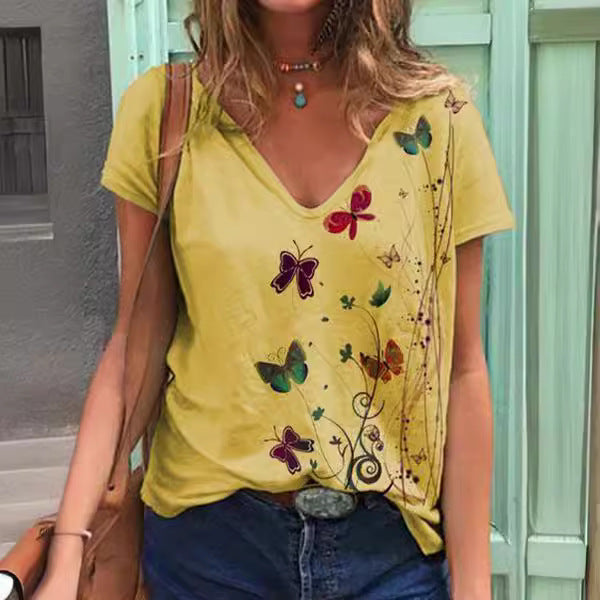 Women V-neck Butterfly Print T-shirt Ivyshape