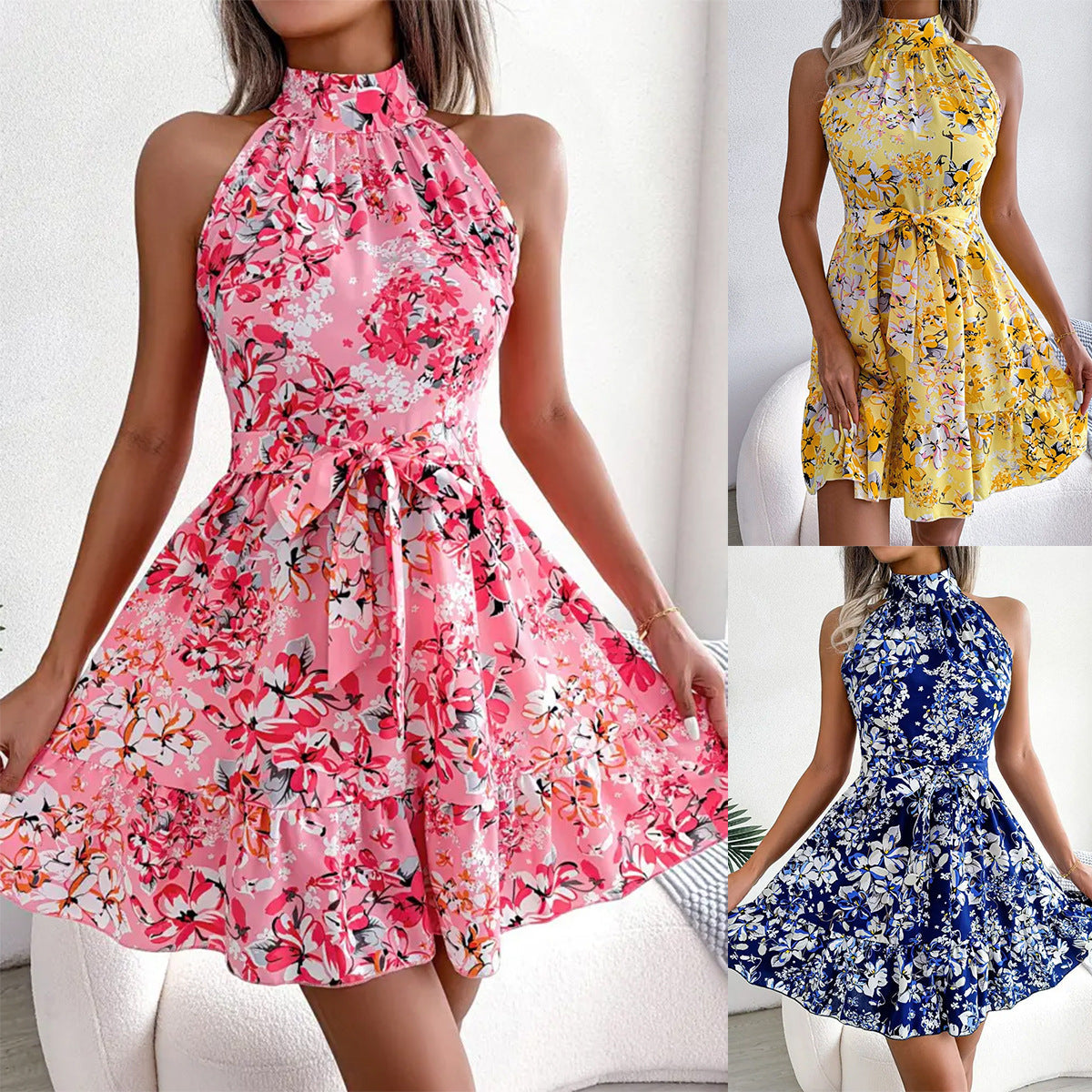 Ladies' festive floral dress with high-neck design and elegant hem Ivyshape