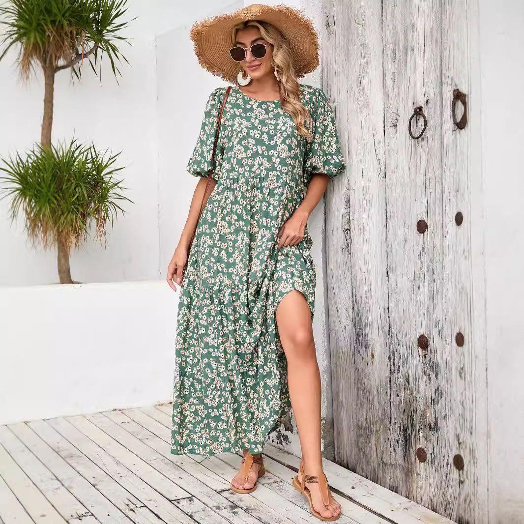 Women's maxi dress with floral design and airy puff sleeves Ivyshape