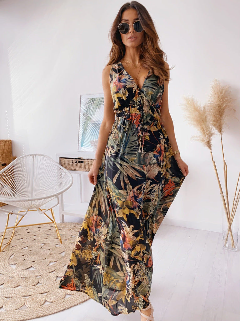 Ladies maxi dress with deep V-neck and sophisticated tie belt Ivyshape