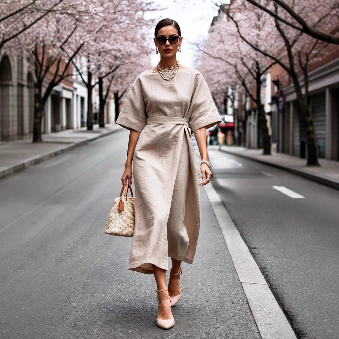 Ladies Elegant Wrap Dress with Wide Cut Sleeves and Fitted Design Ivyshape