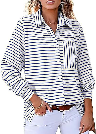 Women Casual Striped Blouse with Pocket and Button Placket Ivyshape