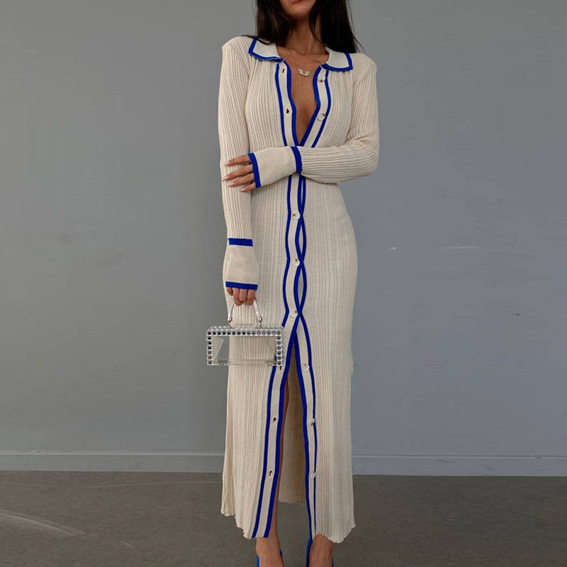 Women's knit maxi dress with contrast seams and button details Ivyshape