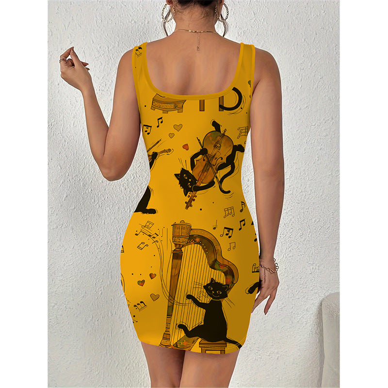 Ladies sleeveless mini dress with creative cat motif Ivyshape