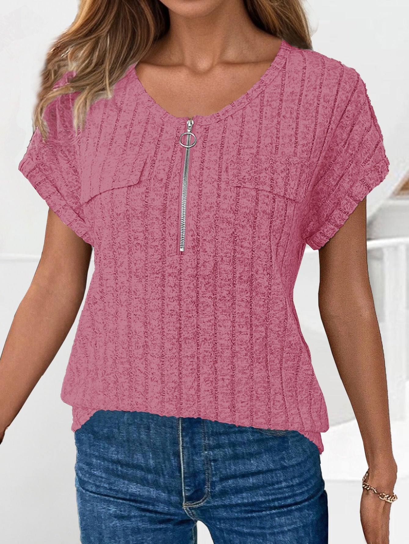 Women Rib Pockets Zip-Up Top Ivyshape