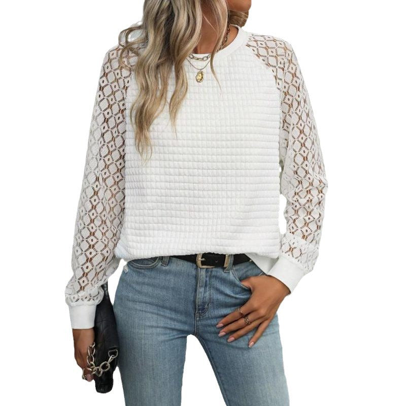 Women's sweatshirt with decorative crochet sleeves and textured fabric Ivyshape
