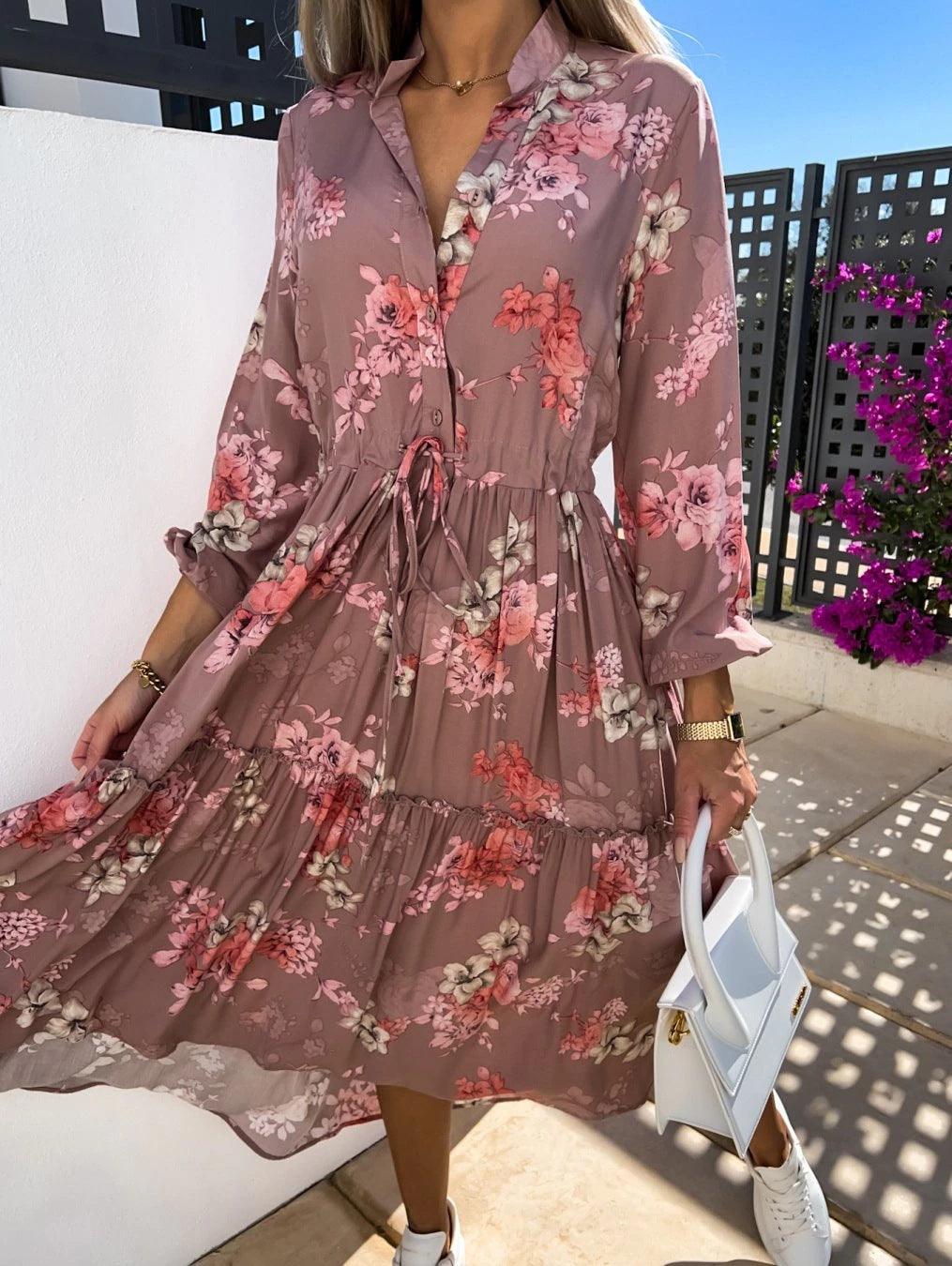 Women's blouse dress with floral details and waist belt Ivyshape