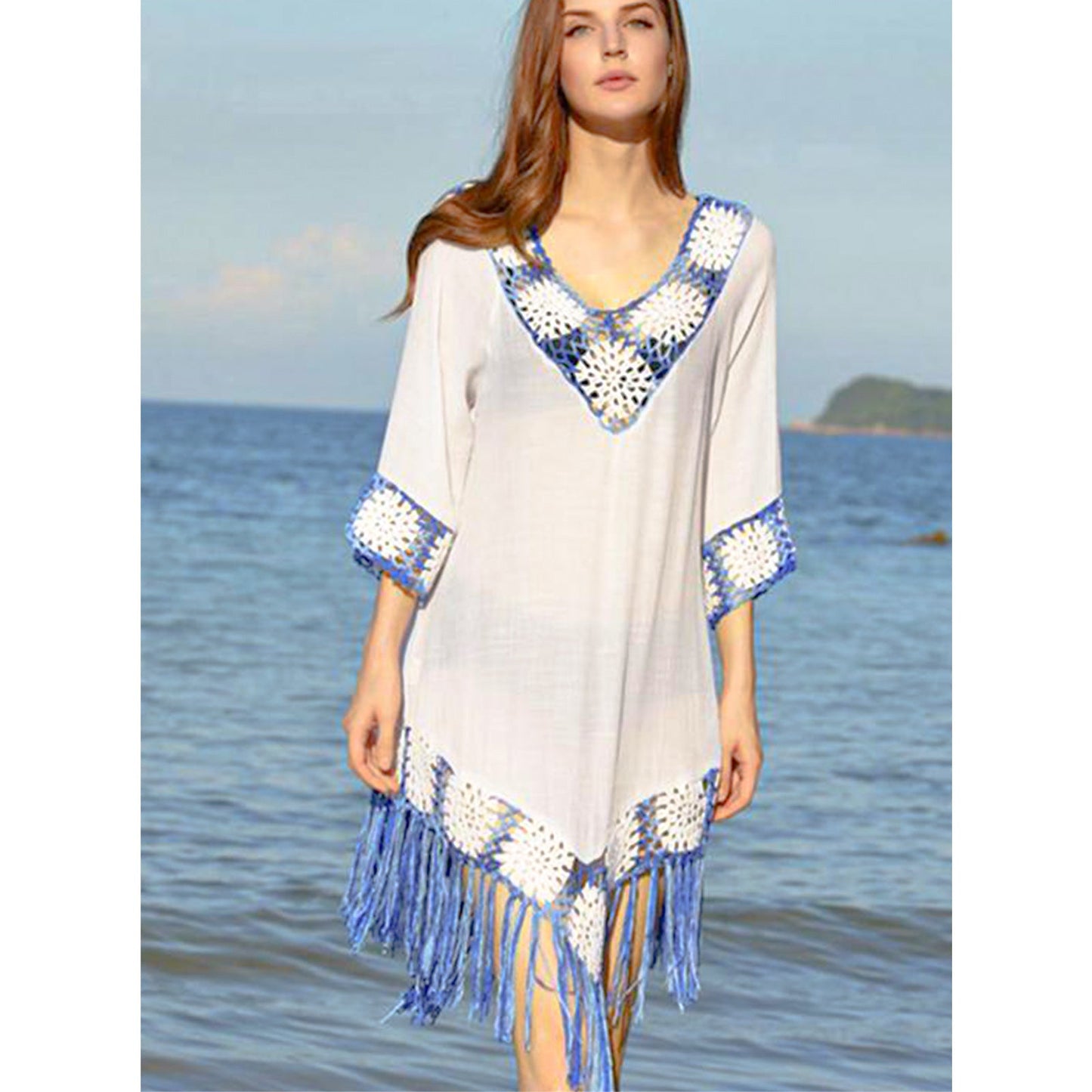 Ladies airy beach tunic with fringed details and crocheted pattern Ivyshape