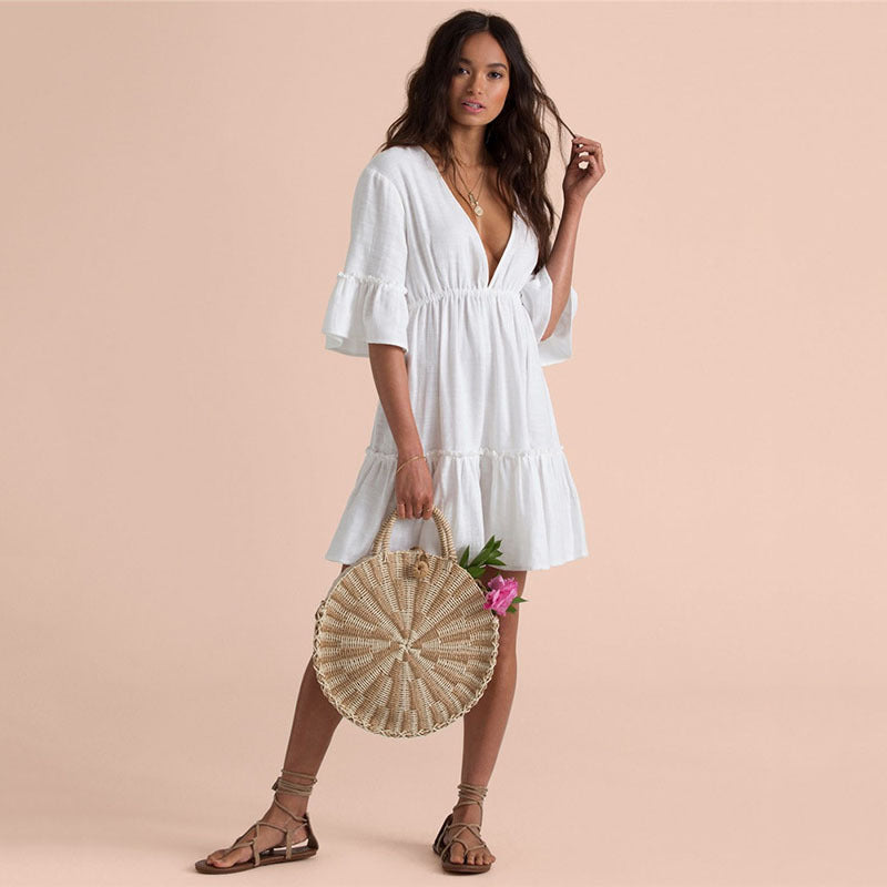 Ladies Summer Beach Dress with V-Neck and Ruffle Details Ivyshape