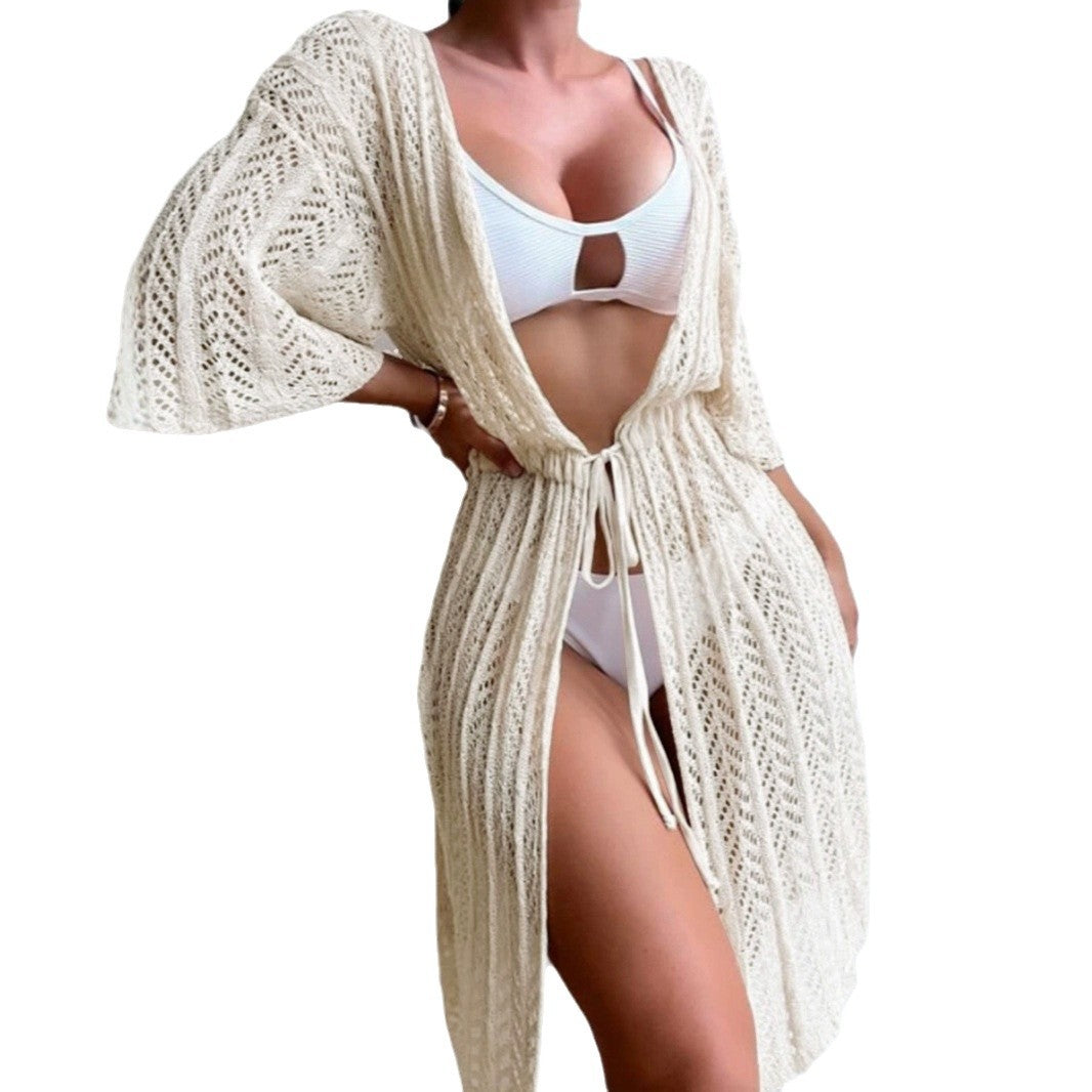 Women's fashionable beach shawl with refined crochet pattern and belt Ivyshape