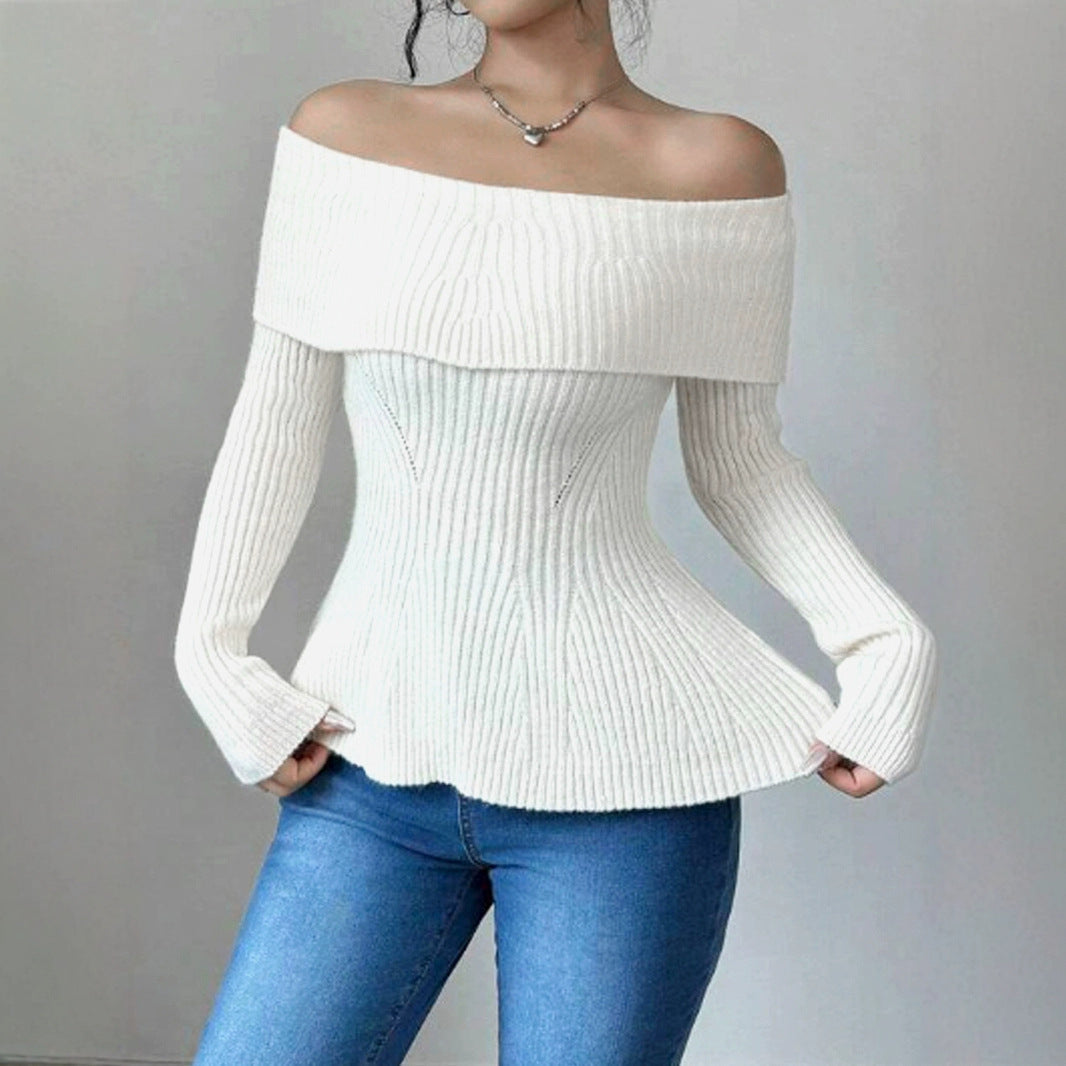 Women Off-Shoulder Knit Sweater with Decorative Ribbed Structures Ivyshape