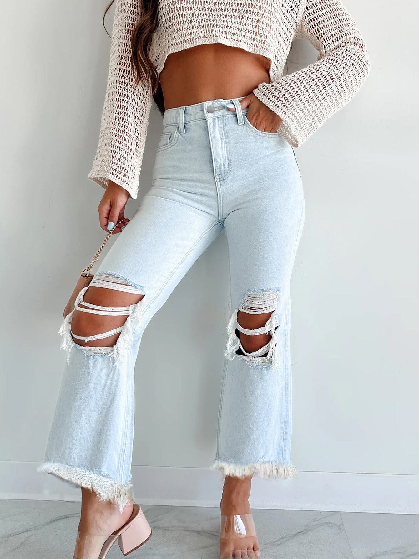 Women's Damaged High-Waisted Wide Leg Jeans Ivyshape