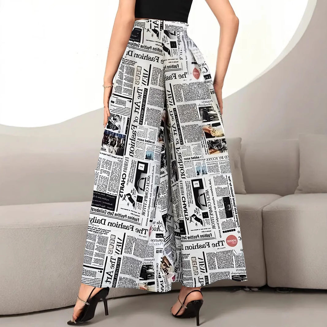 Ladies Wide-Leg Newspaper Print Pants Ivyshape
