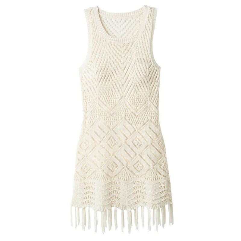 Women's Crochet Beach Dress with Fringed Hem Ivyshape