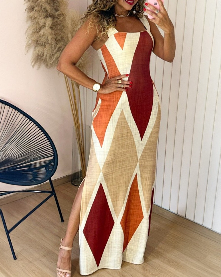 Ladies Maxi Dress with Modern Diamond Pattern and Side Slit Ivyshape