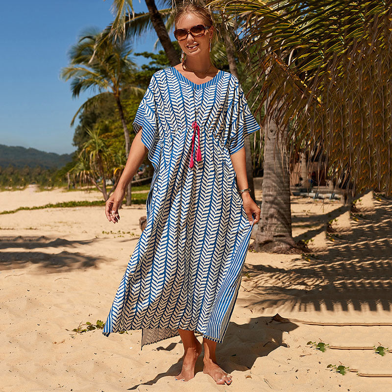 Women's beach kaftan with modern tropical design and tie belt Ivyshape