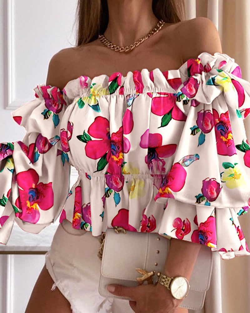Women's Off-Shoulder Blouse with Voluminous Sleeves and Floral Pattern Ivyshape