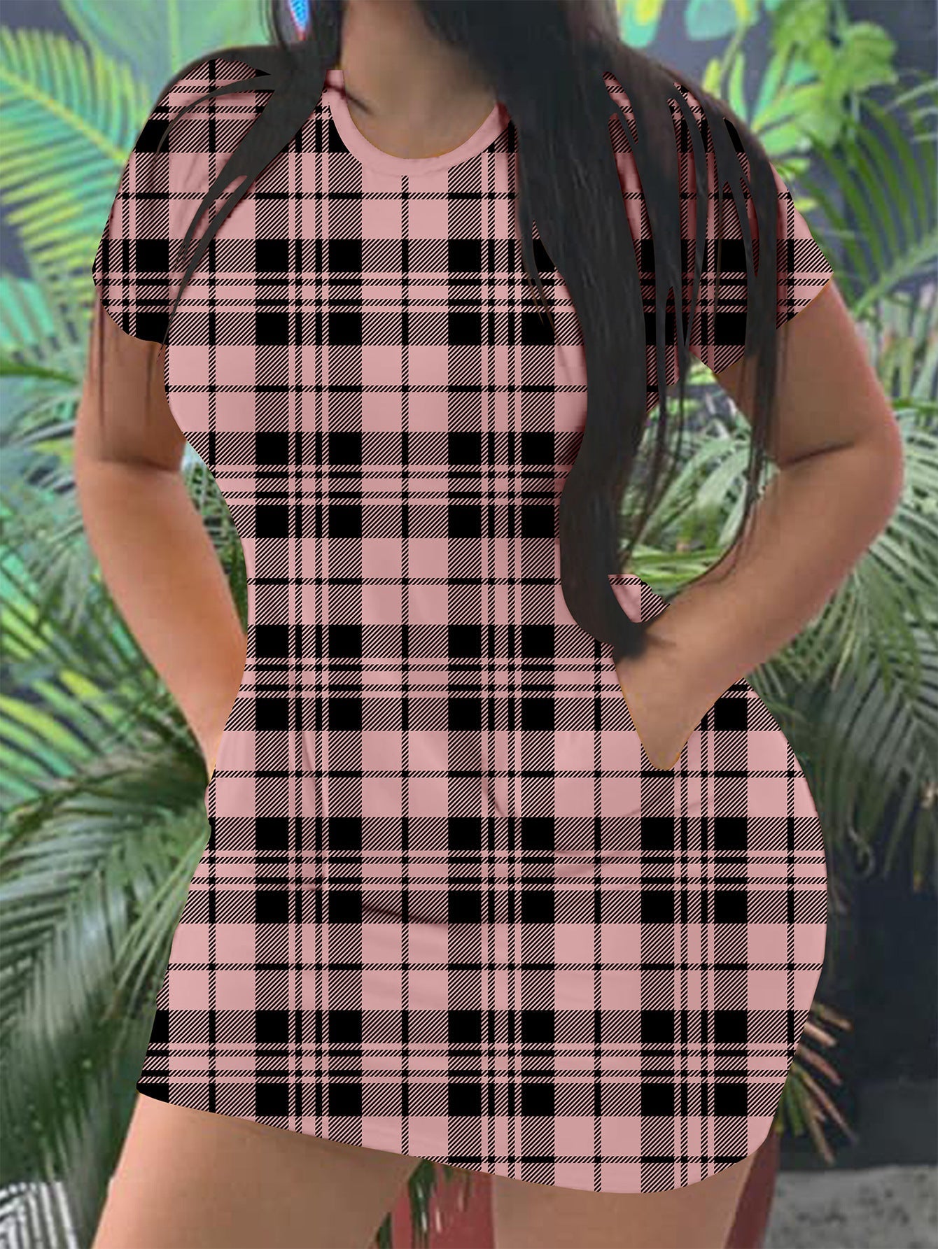 Women checked short sleeve dress Ivyshape
