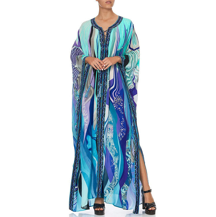 Women’s beach dress with artistic floral design and side slits Ivyshape