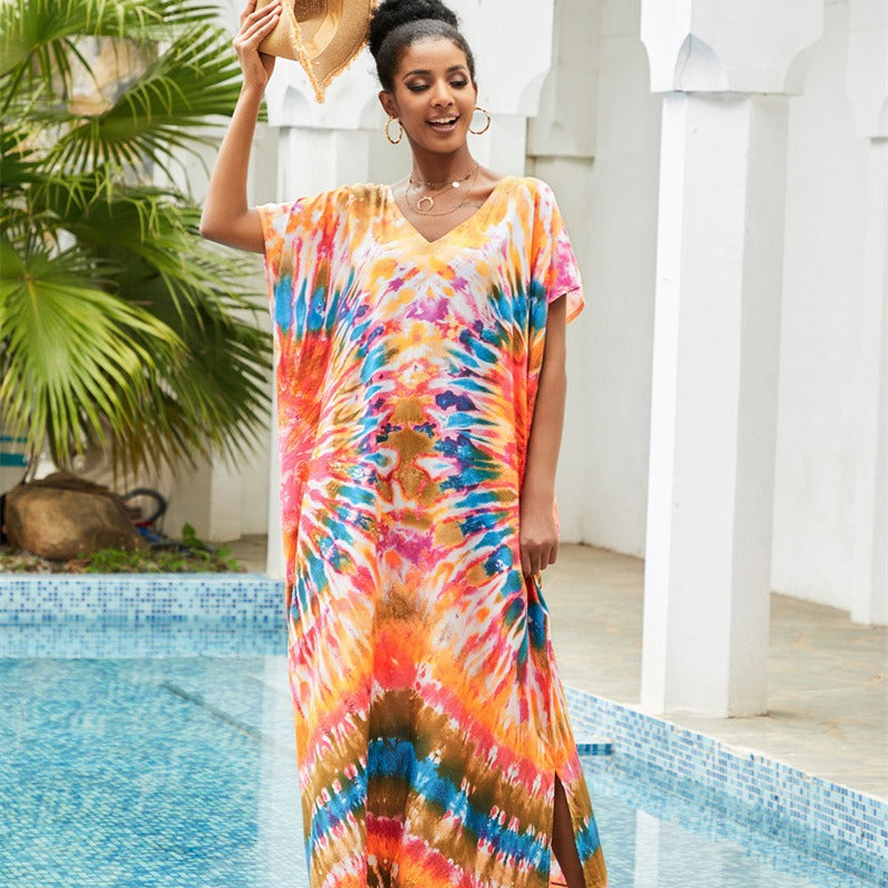 Women's maxi dress with colorful tie-dye pattern and side slit Ivyshape