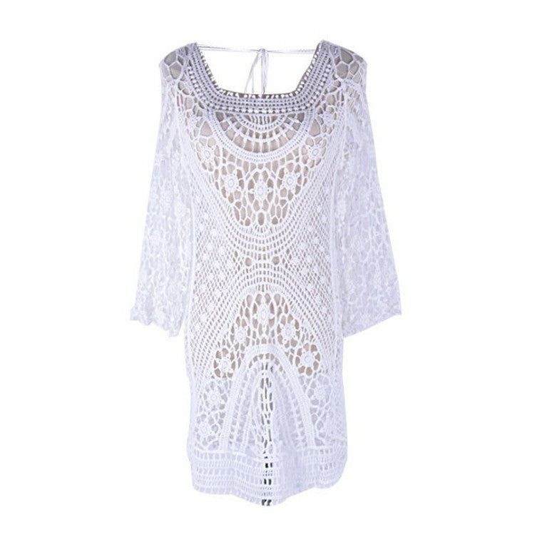 Ladies' crochet beach robe with deep V-neck and ornate fringes Ivyshape