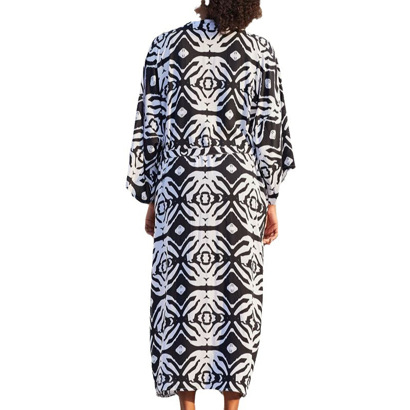 Women's beach kimono with elegant palm pattern and side tie belt Ivyshape
