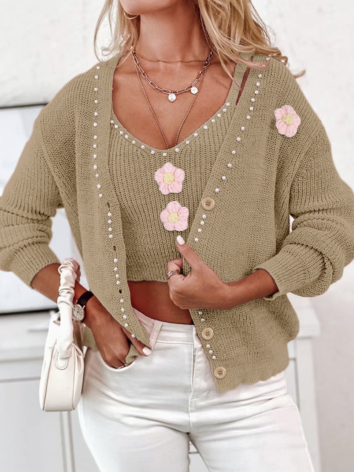 Women's fashionable knit cardigan with floral appliqués and pearl details Ivyshape
