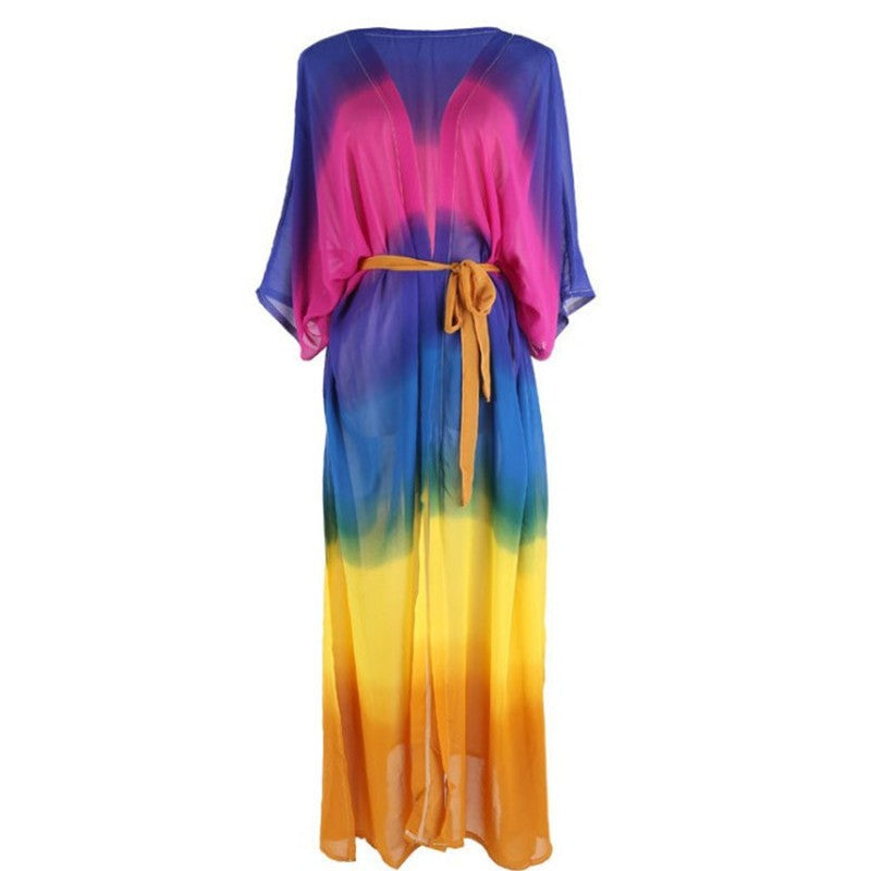 Women's transparent beach kimono with colorful gradient and attractive sleeves Ivyshape