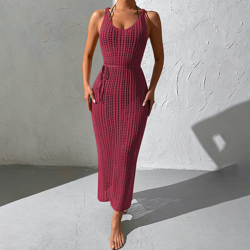 Ladies crochet stand-up dress with deep V-neck and side slits Ivyshape