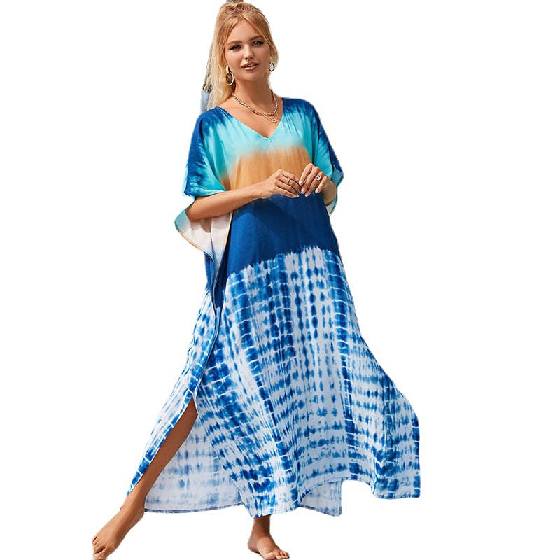 Ladies' maxi beach dress with striking dye pattern and flared cut Ivyshape
