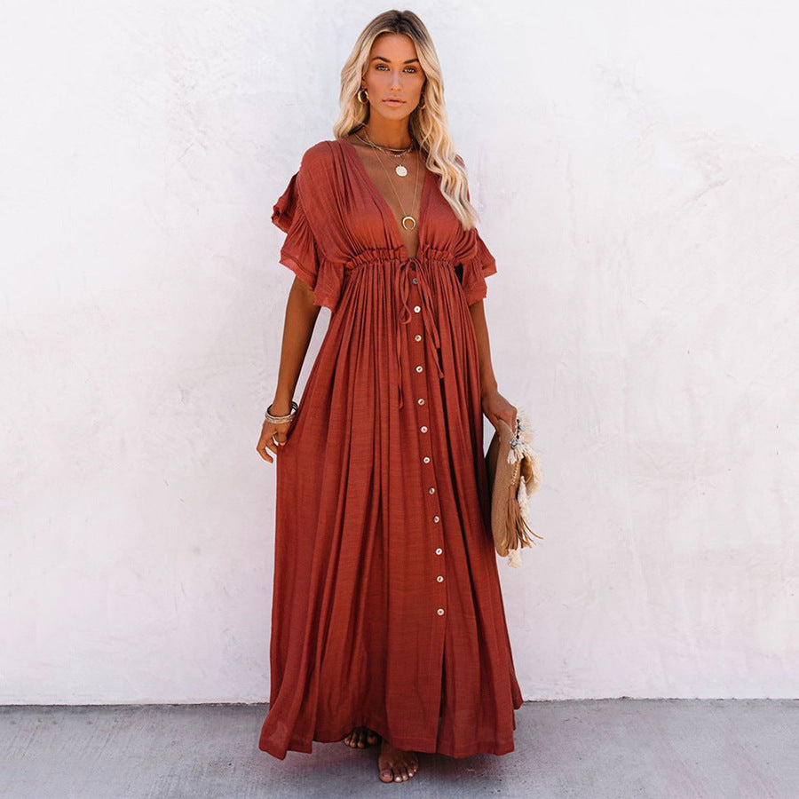 Women's Maxi Dress with Ruffle Details and Practical Pockets Ivyshape